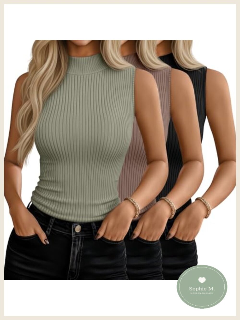 3-pack Women's Sleeveless Mock Turtleneck Tank Tops Stretch Fitted Shirts